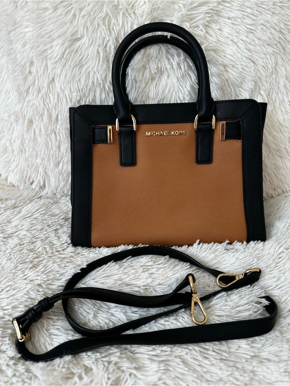 MICHAEL KORS Dillon Black Camel Brown Saffiano Leather Crossbody Satchel Bag